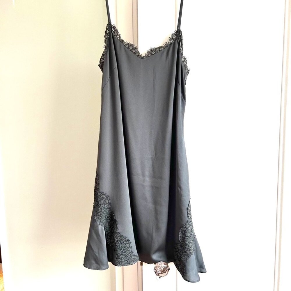 Banana Republic Lace Trim V-Neck Slip Dress Charcoal Crepe 6